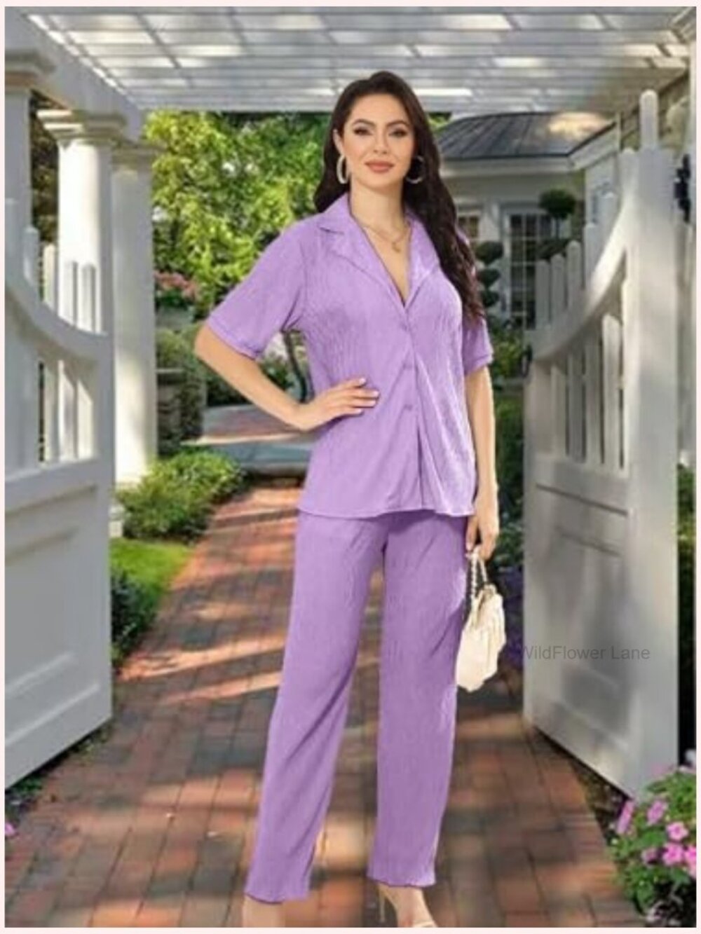Casual Pleated 2 Piece Outfit Short Sleeve Button Down Shirt Wide Leg Pants Set - Picture 3 of 7